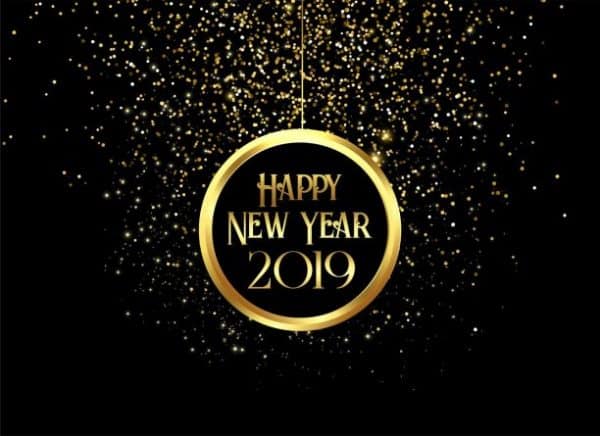 Gold ring with Happy New Year 2019 text surrounded by gold confetti