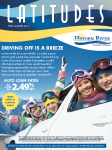 Winter newsletter cover with happy couples sticking their heads out of car with ski wear on