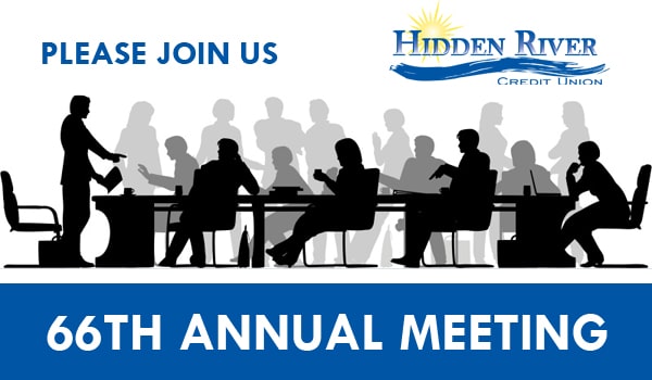 Please join us hidden river credit union 66th annual meeting text with silhouette of large group at table having busy discussion
