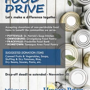 Food Drive flyer with white wash panel background, food cans, and leaves. Together We Can Make a Difference. Drop off donations at any location. Deadline November 20.
