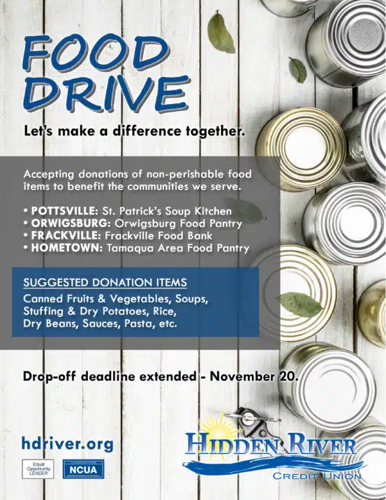 Food Drive flyer with white wash panel background, food cans, and leaves. Together We Can Make a Difference. Drop off donations at any location. Deadline November 20.