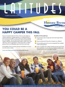 Front page of Hidden River Fall 2019 Newsletter with people sitting outside a tent with winter clothes on