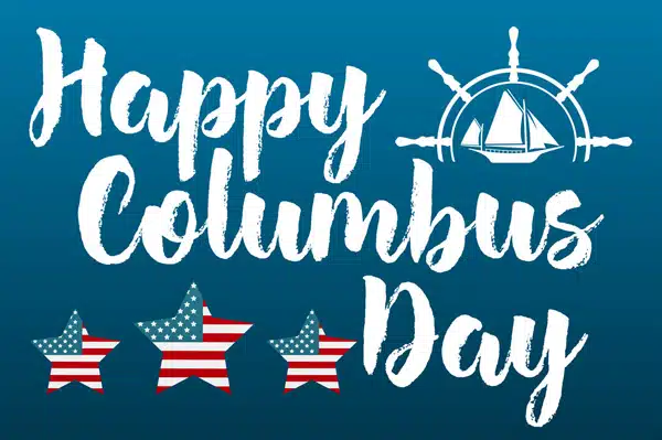 happy columbus day text with half a steering helm and ship in the center and three stars with american flag design inside