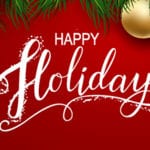 happy holidays text on red background with evergreen trim across top border and gold ornaments hanging down