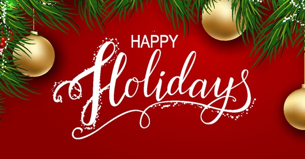 happy holidays text on red background with evergreen trim across top border and gold ornaments hanging down