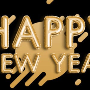 happy new year text as gold balloons on gold paint splash with black background
