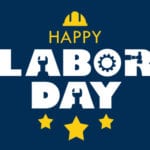 Happy Labor Day with navy background. stars, and blue collar worker tools