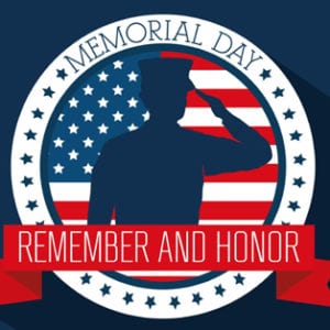 Memorial Day seal with shadow of military person saluting flag in background. Memorial day text at top of seal with remember and honor text on red ribbon across bottom.