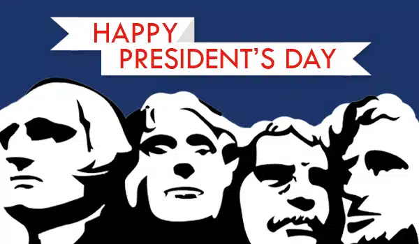 Mount rushmore vector contrast in black and white with blue background and white ribbon with happy presidents day text.