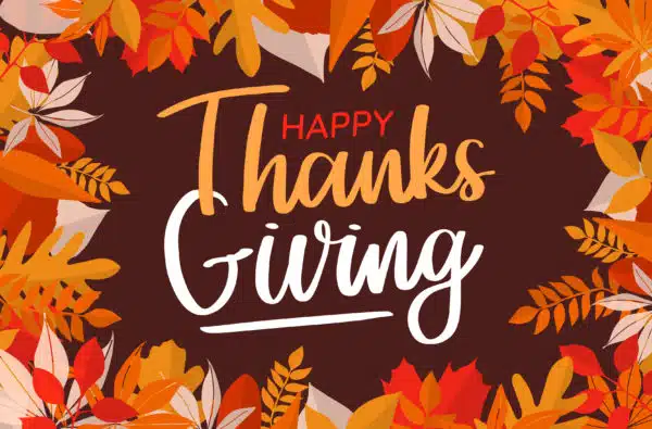 Happy Thanks Giving text with dark maroon background and fall leaves border