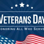 Veterans Day - Honoring All Who Served with wavy american flag below and 5 stars arched above