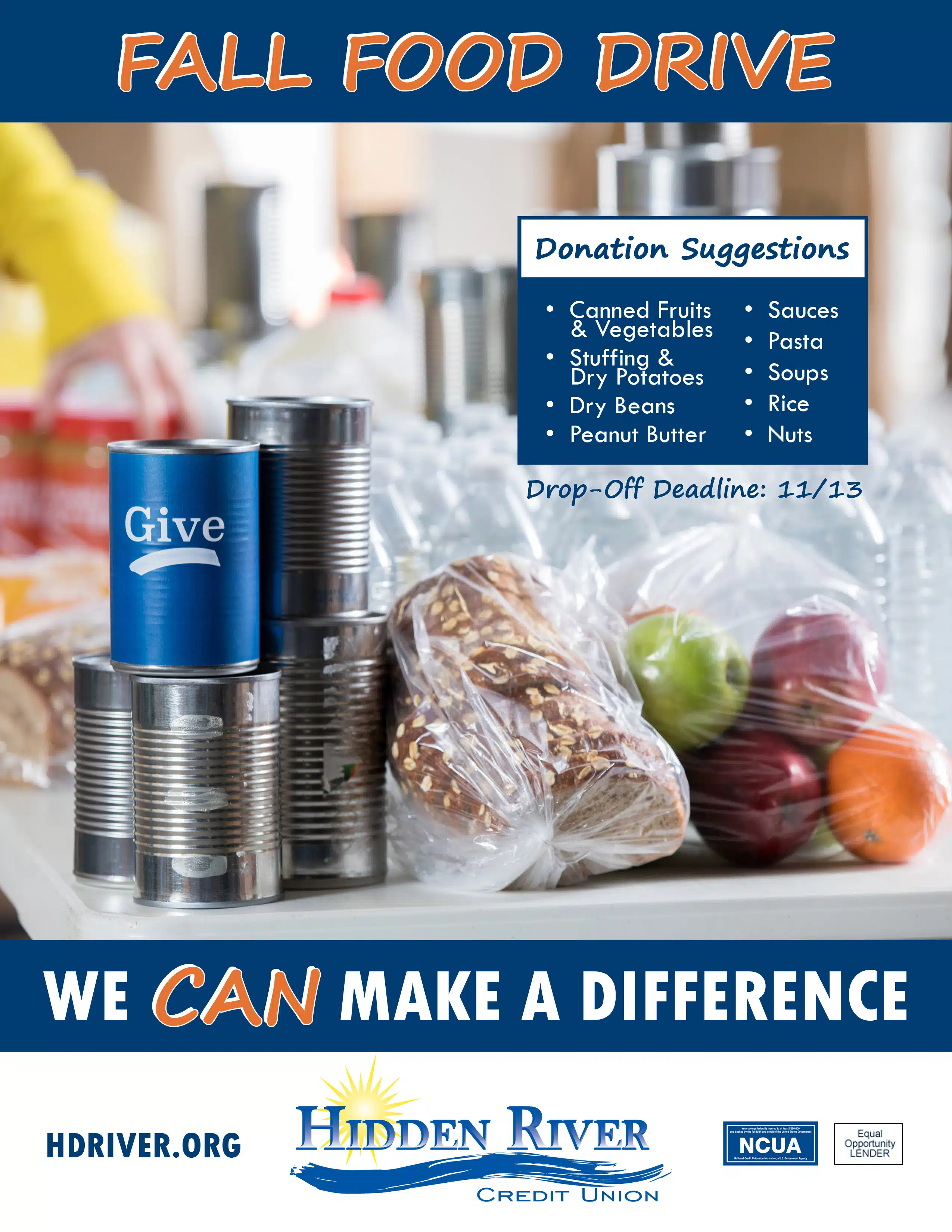Canned foods, bread, and fruit on a table with text describing donation suggestions for Fall Food Drive. We CAN Make a Difference.