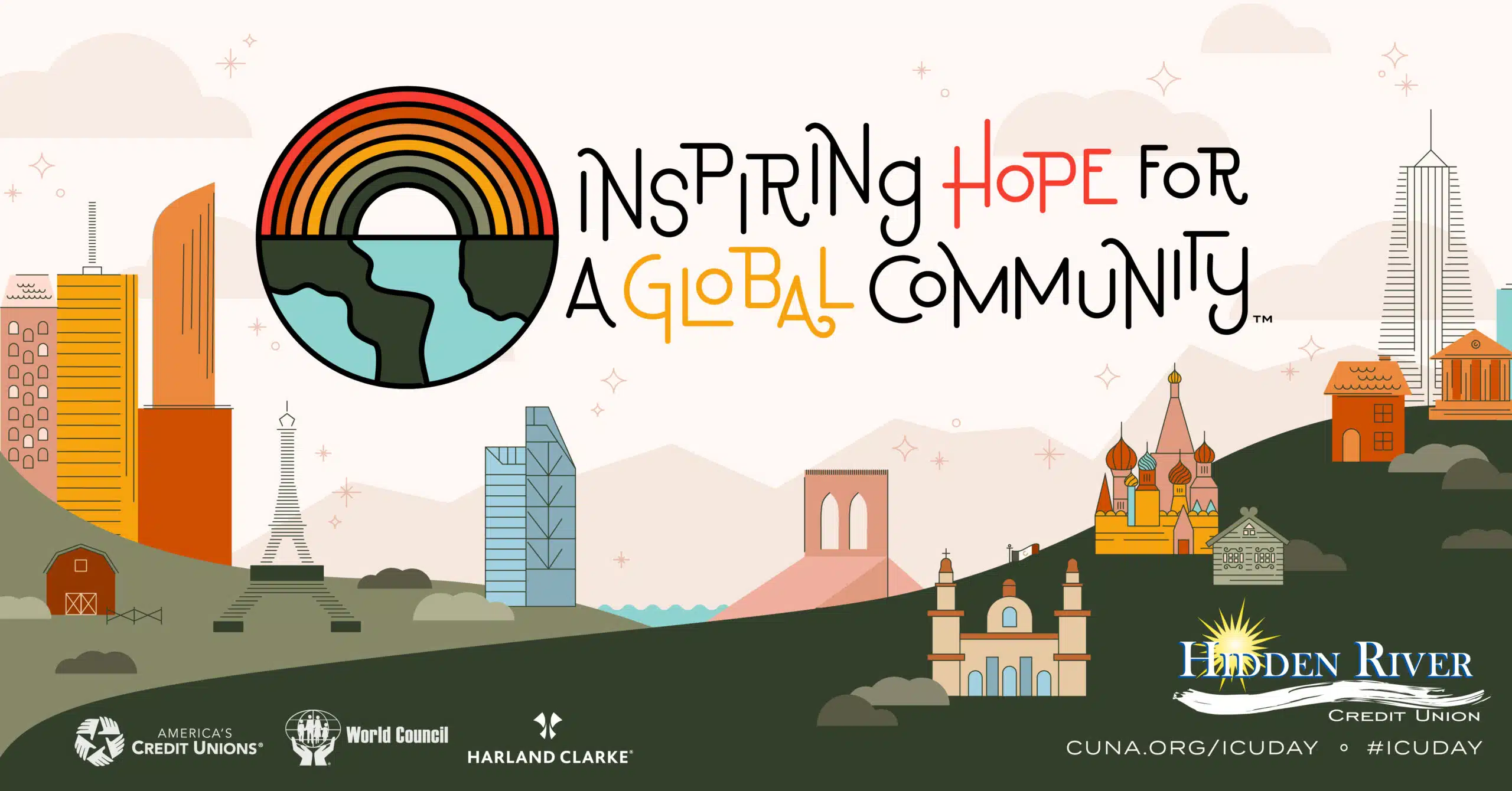Vector style city landscape with hills and buildings. Includes text Inspiring Hope for a Global Community