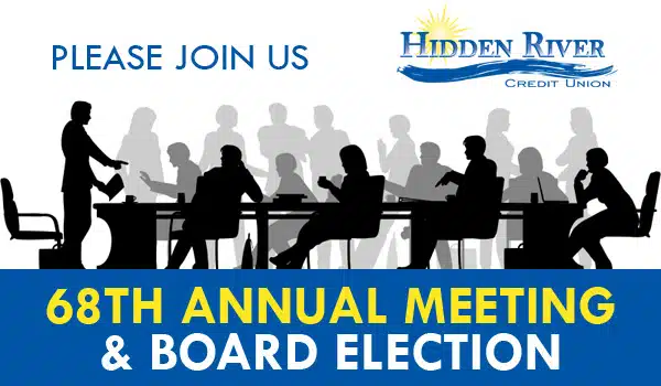 hidden river credit union 68th annual meeting and board election text with silhouette of large group at table having busy discussion