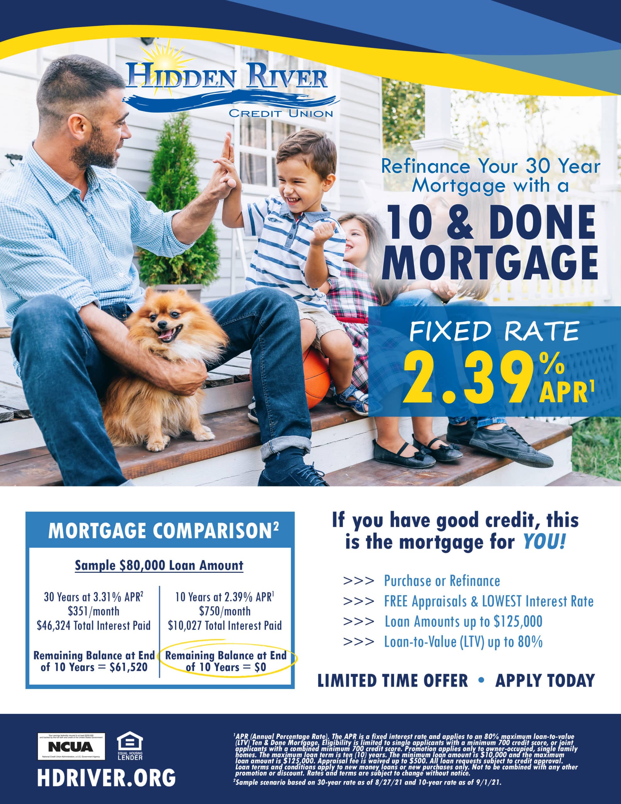 Family sitting on front porch of house and dad is high-fiving his excited son with phrase - It's what you've been waiting for... 10 & Done Mortgages. Fixed Rate 2.39% APR. You've always been financially responsible, why not benefit from your excellent credit? FREE Appraisals & LOWEST Interest Rate. Loan Amounts up to $125,000. Loan-to-Value (LTV) up to 80%. Minimum 700 Credit Score. Limited Time Offer - Apply Today!