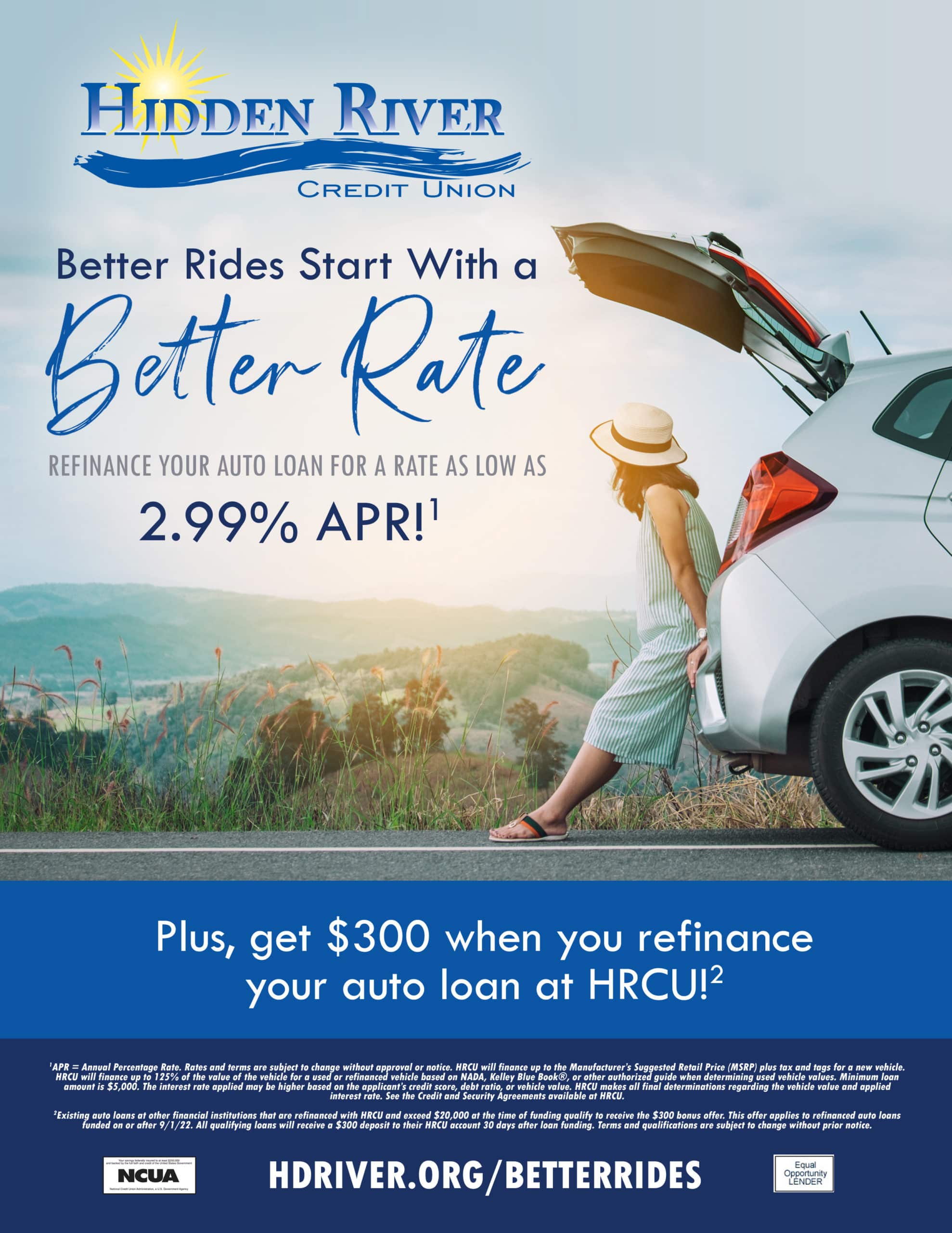 woman leaning against car looking towards sunset with mountain background. Includes text "Better Rides Start with a Better Rate" Refinance your auto loan for rates as low as 2.99% APR."
