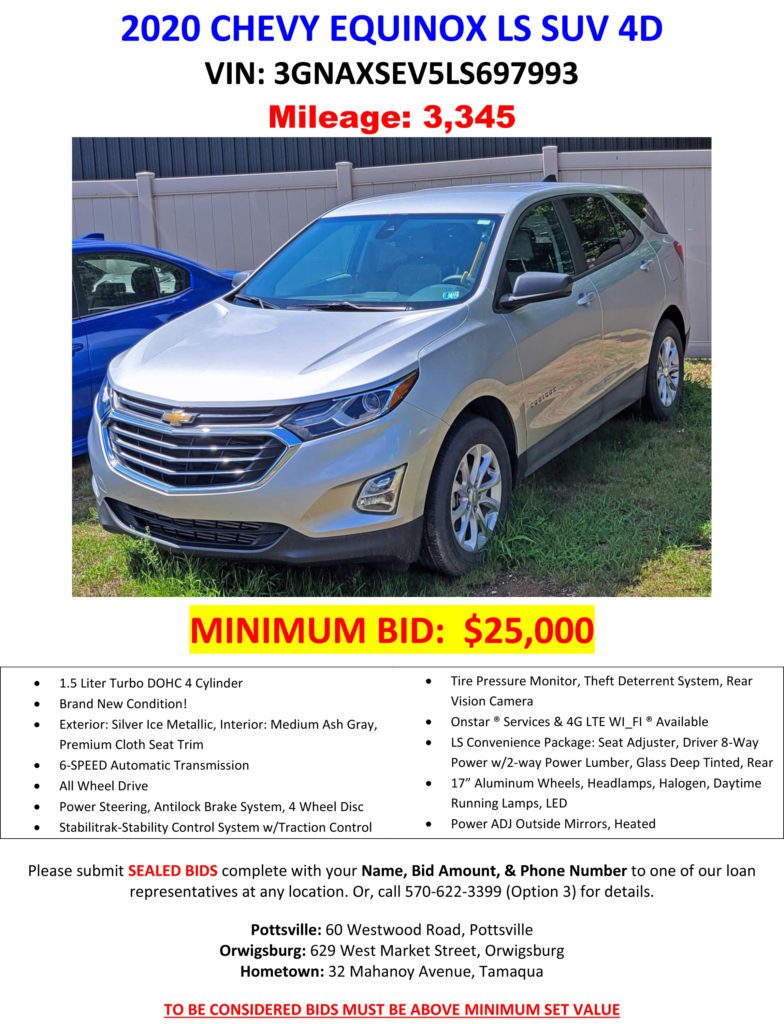 SUV for Sale - 2020 Chevy Equinox mileage 3,345 and photo of suv with minimum bid $25,000