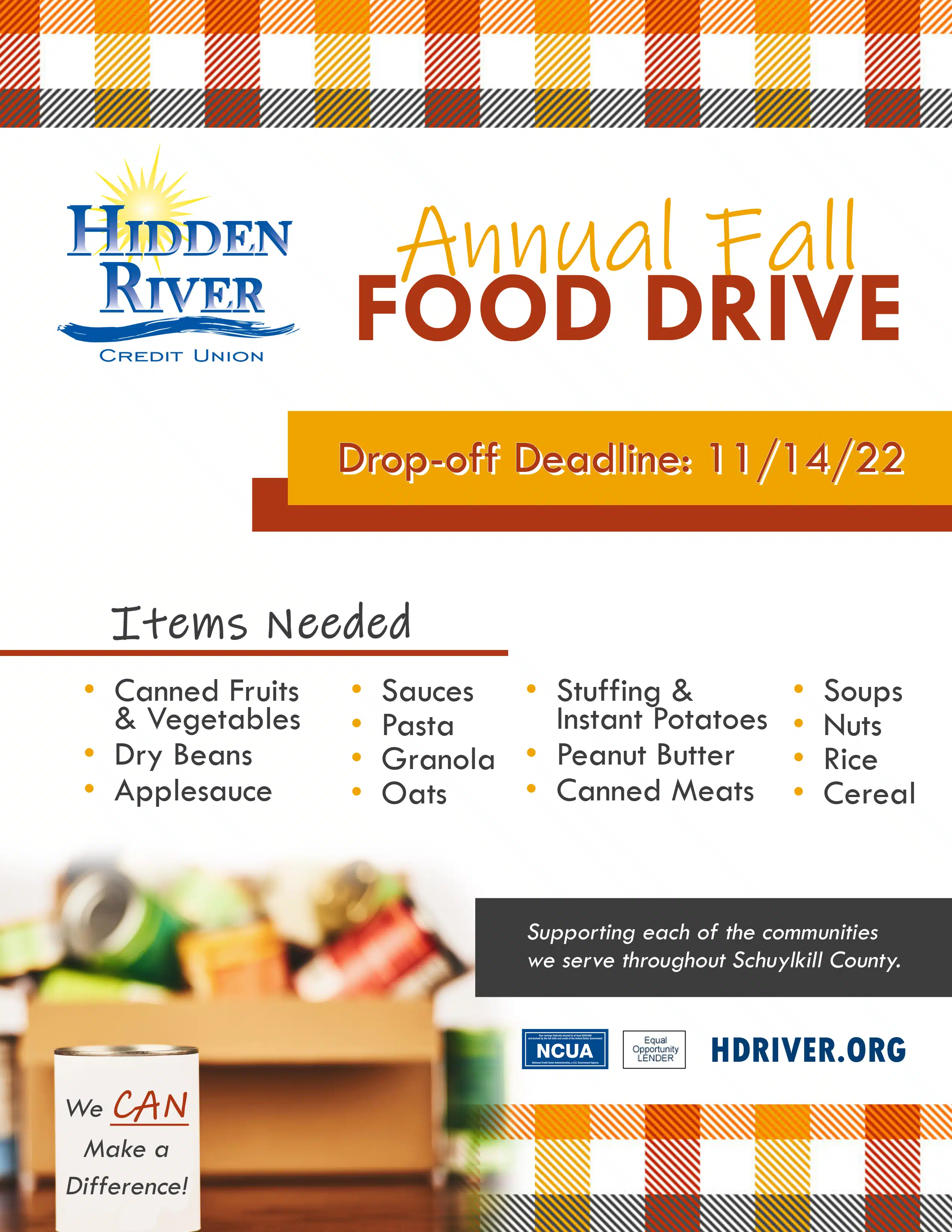 box of food donation items with plaid border at top and bottom. Includes text "Annual Fall Food Drive" "Drop-off deadline: 11/14/22" "Items Needed List"