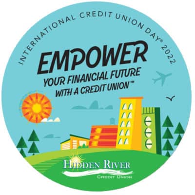 circle with blue and green background and colorful city scape in foreground with text "International Credit Union Day 2022" "Empower Your Financial Future with a Credit Union"