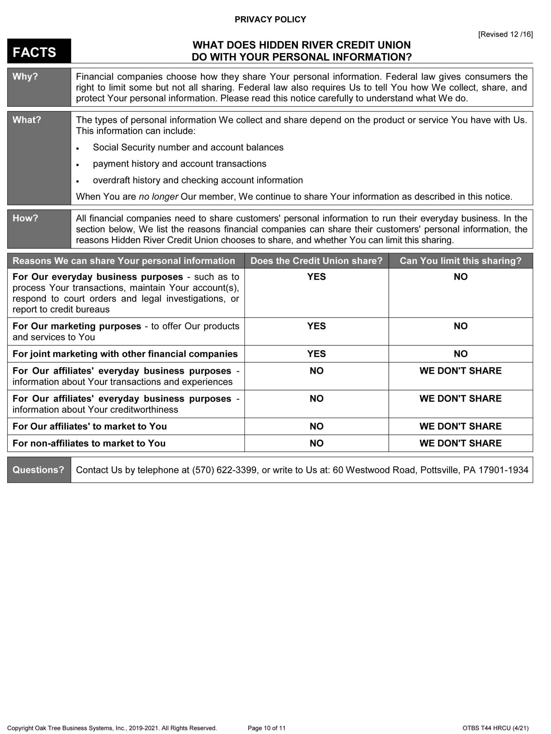 HRCU Privacy Policy including descriptive explanation of what HRCU does with your personal information.