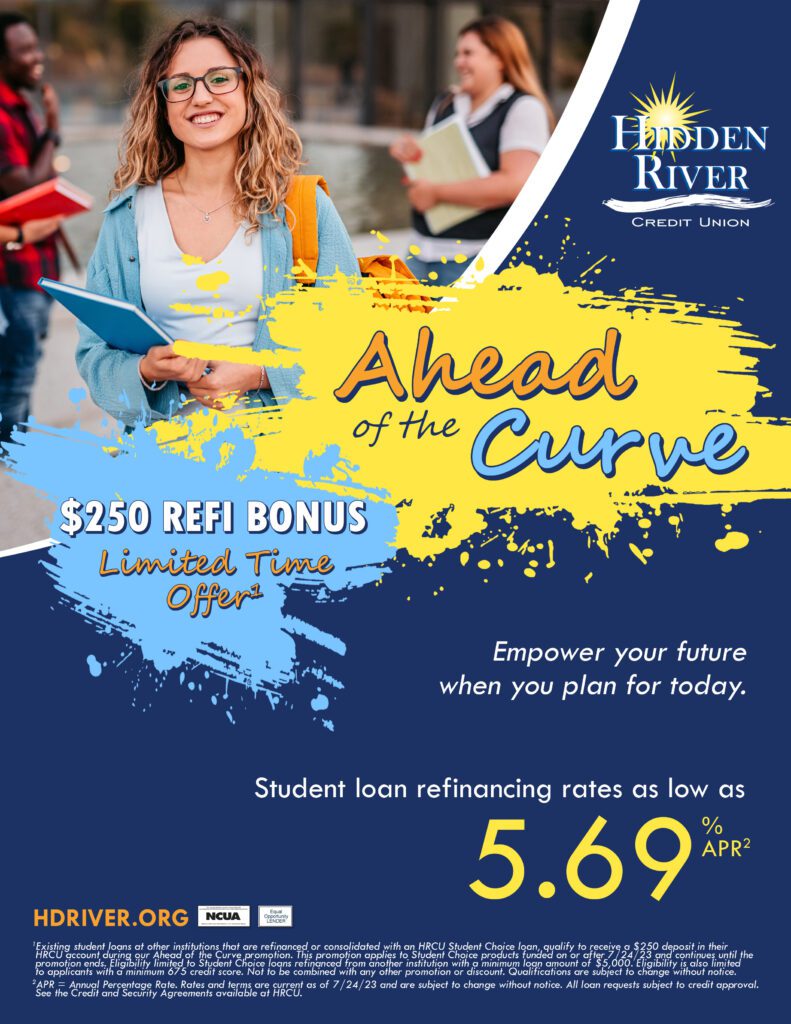 Young woman holding book and preparing to attend college class with diverse group of students in background. Yellow paint splatter with text "Ahead of the Curve". Blue paint splatter with text "$250 Refi Bonus. Limited Time offer". Also includes HRCU logo and text "Empower your future when you plan for today. Student loan refinancing rates as low as 5.69% APR."