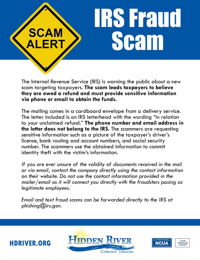 yellow diamond with words "Scam Alert" blue bar across top reads "IRS Fraud Scam" scam information notice text below.