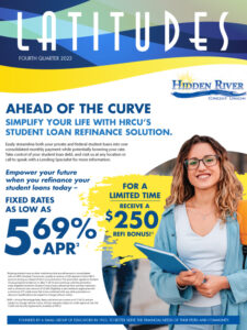 Cover of 4th Quarter Latitudes Newsletter with female college student holding a book with a white background. The text "Ahead of The Curve, Simplify your Life with HRCU'S Student Loan Refinance Solution. Fixed Rates as low as 5.69% APR*. For a Limited Time receive a $250 refi bonus*."