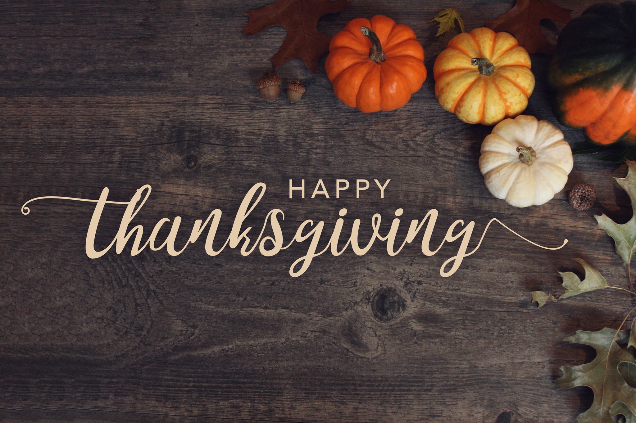 Pumpkins, leaves, and acorns on wood board background with "Happy Thanksgiving" text.