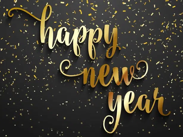 Grey gradient background with gold confetti and "Happy New Year" text in gold.