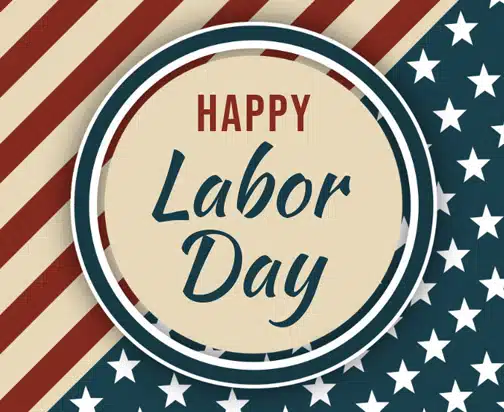 Stars and Stripes background with "Happy Labor Day" text inside beige circle.