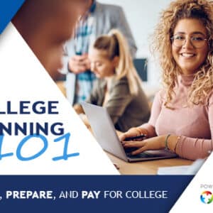 Young adult sitting in classroom, looking enthusiastic about learning with her hands on a laptop. Includes text "College Planning 101. How to Plan, Prepare, and Pay for College." Includes HRCU logo and Student Choice logo. Geometric triangle layout with shades of blues and white in the foreground.