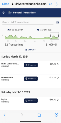 Screenshot of HRCU's My $pend Personal Transactions on mobile device. Includes graphic range of data for 32 total transactions, as well as details of 2 transactions on March 17, 2024 and 1 transaction on March 16, 2024.