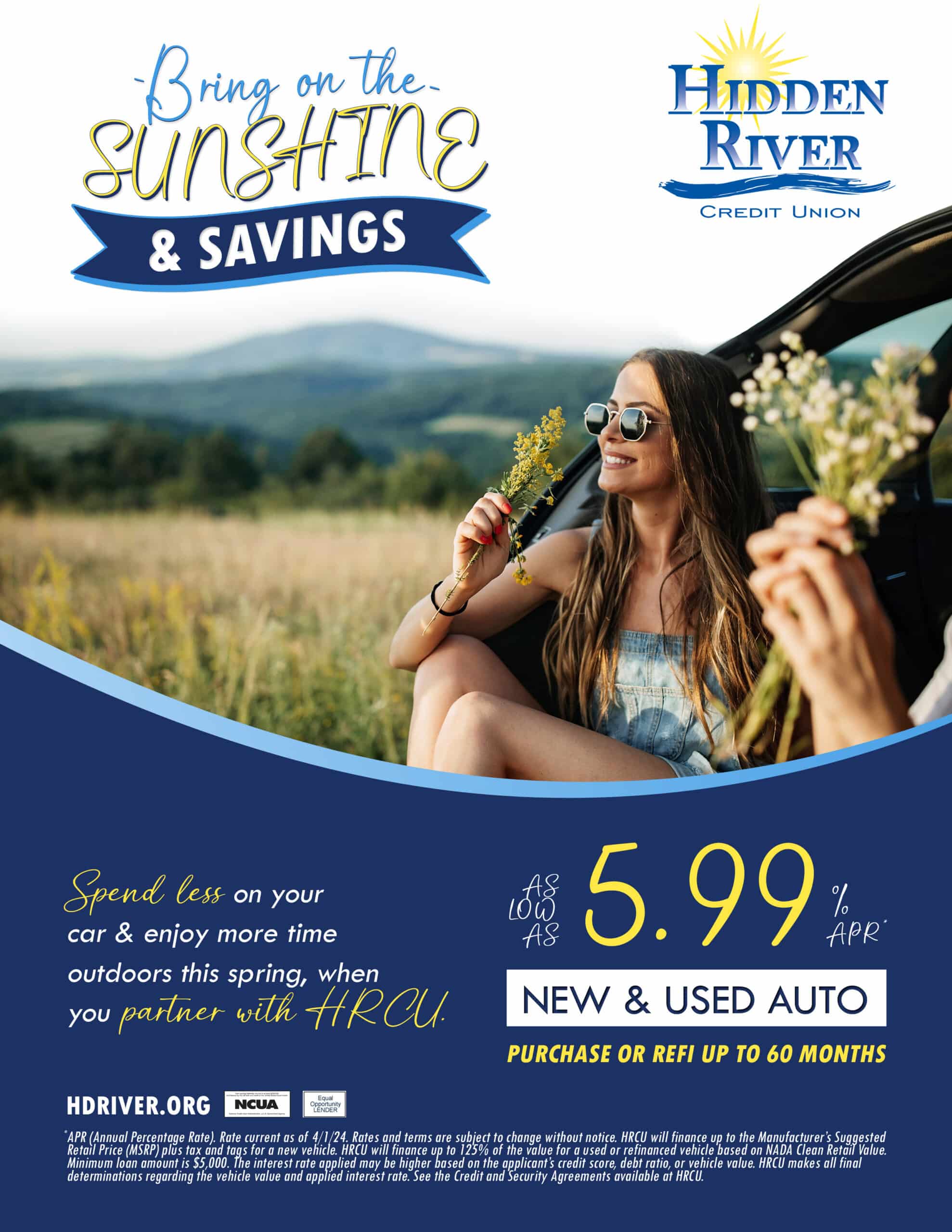 Bring on the Sunshine & Savings auto loan promo flyer. Girl with sunglasses on holding wildflowers sitting in back of car near field. New and used auto loans as low as 5.99% APR. Purchase or refinance up to 60 months.