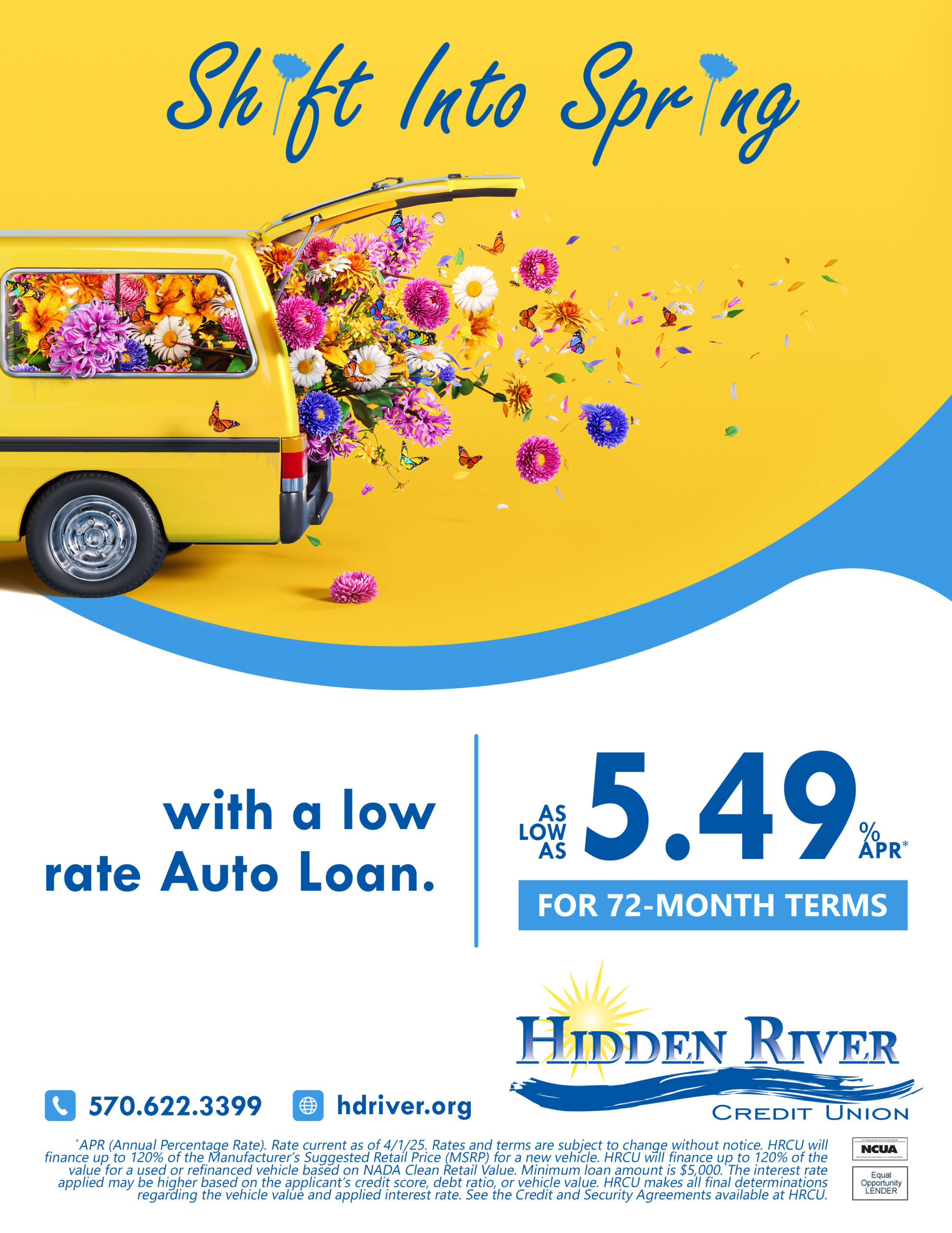 Yellow van full of colorful spring flowers on yellow background.