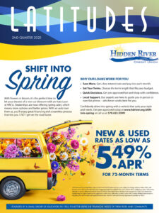 Latitudes Newsletter with cover page of "Shift into Spring" auto loan promo with rates as low as 5.49% APR.