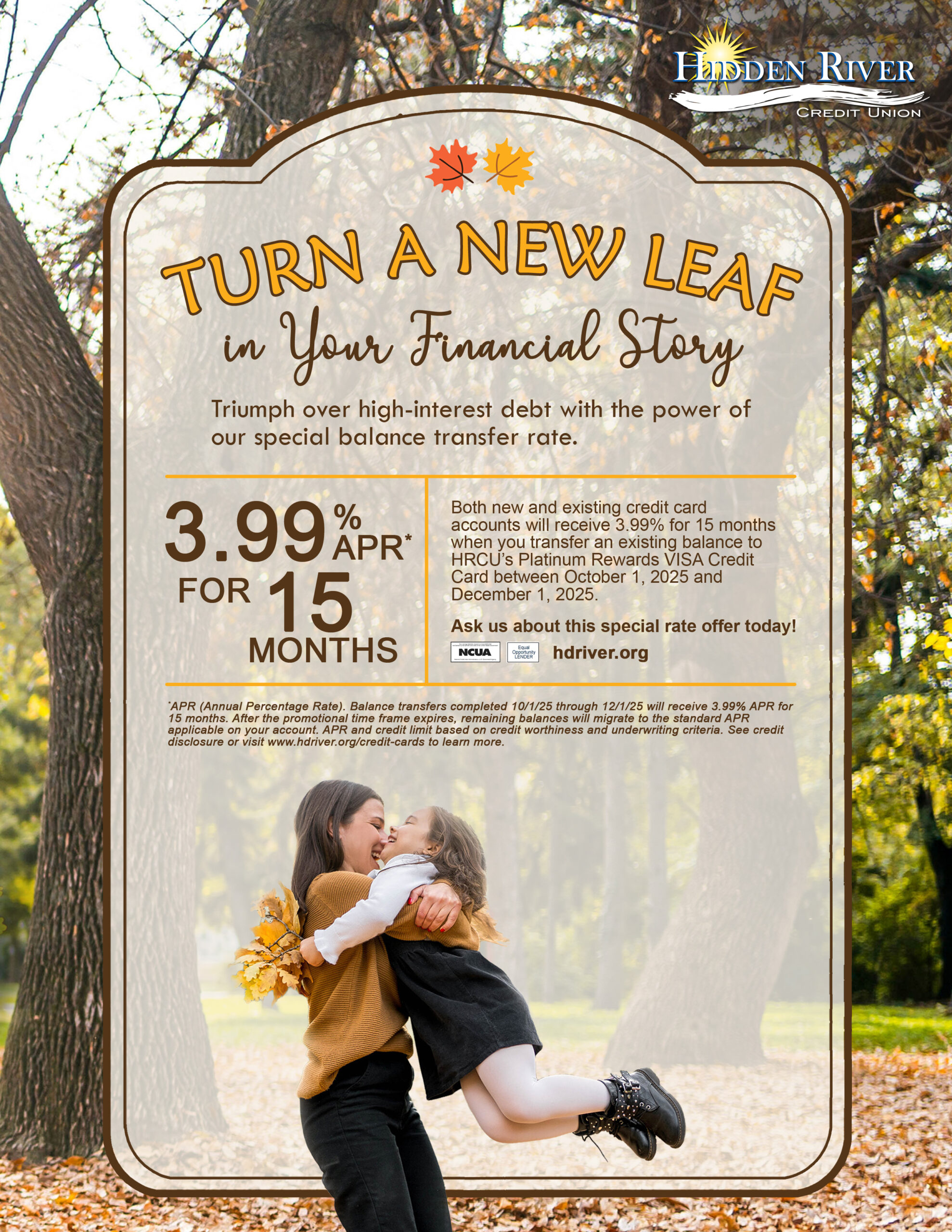 woman swinging young girl in arms with a fall foliage forest backdrop. Includes text "Turn a New Leaf in Your Financial Story. 3.99% APR* for 15 Months"