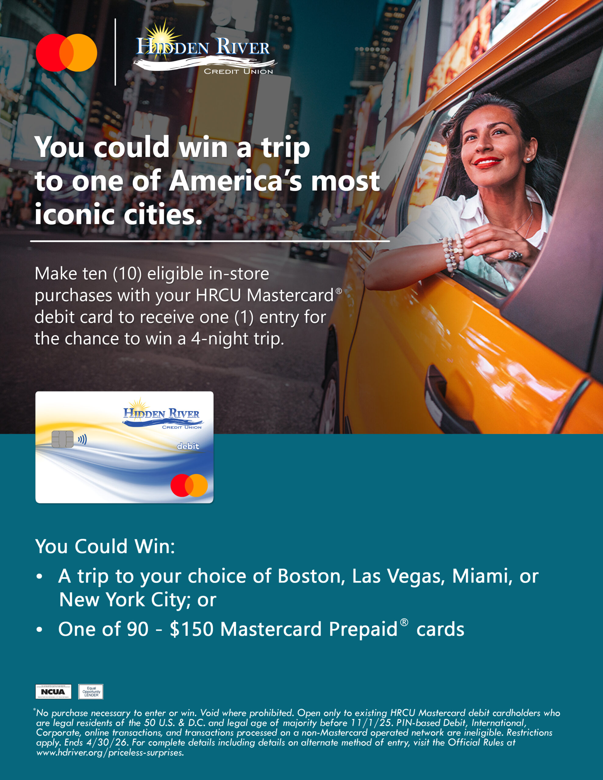 Woman in a taxi, driving through the city with information regarding cities you can win a trip to through purchases with the HRCU debit card.