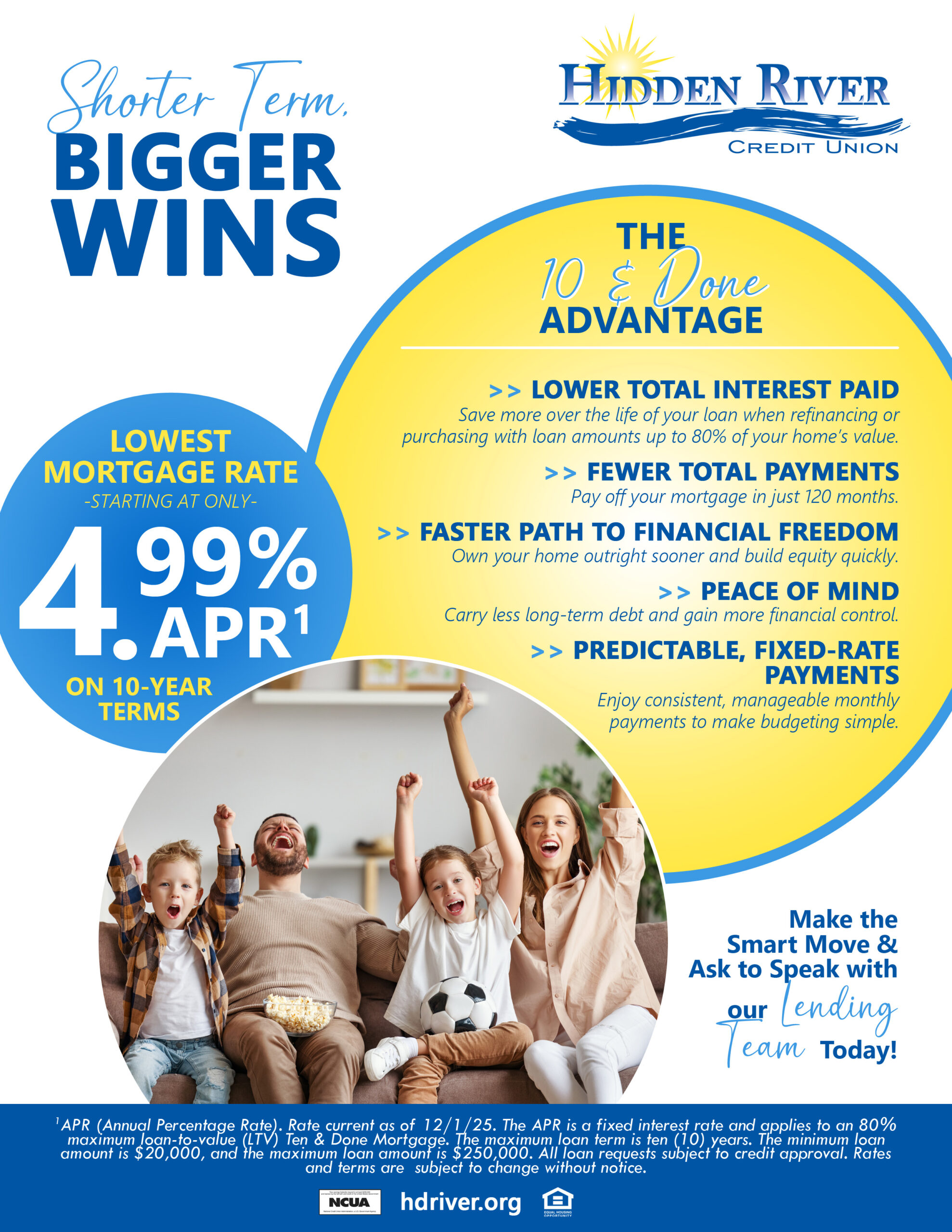 Family sitting on a couch with excited looks and arms up in the air, cheering for a sports team. 