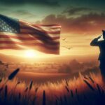 A silhouette of a soldier saluting at an American flag in a field.