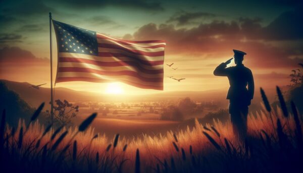 A silhouette of a soldier saluting at an American flag in a field.