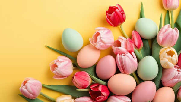 Easter eggs and flowers resting on a yellow background.
