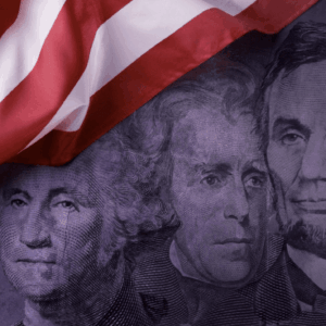 picture of four famous presidents with an American flag in the corner.