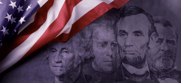 picture of four famous presidents with an American flag in the corner.