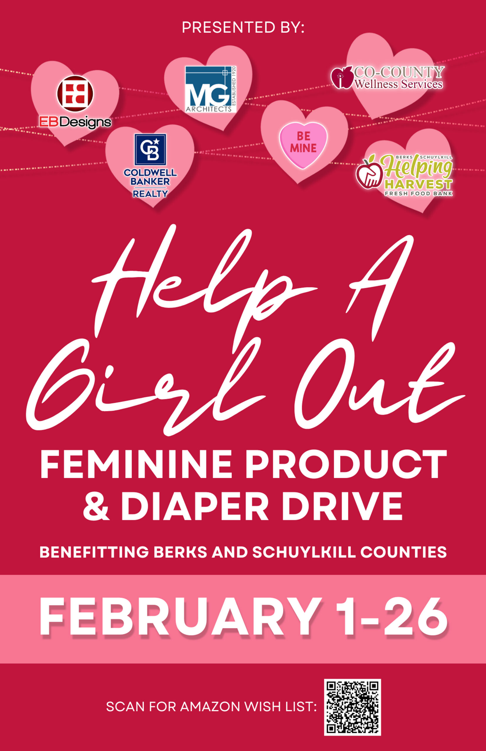 Flyer regarding the "Help a Girl Out" donation drive that goes from February 1 to February 26.