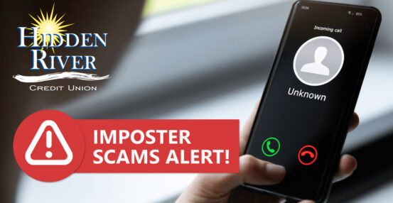 Text message SMS scam or phishing concept. Includes HRCU logo and text "Imposter Scams Alert!"