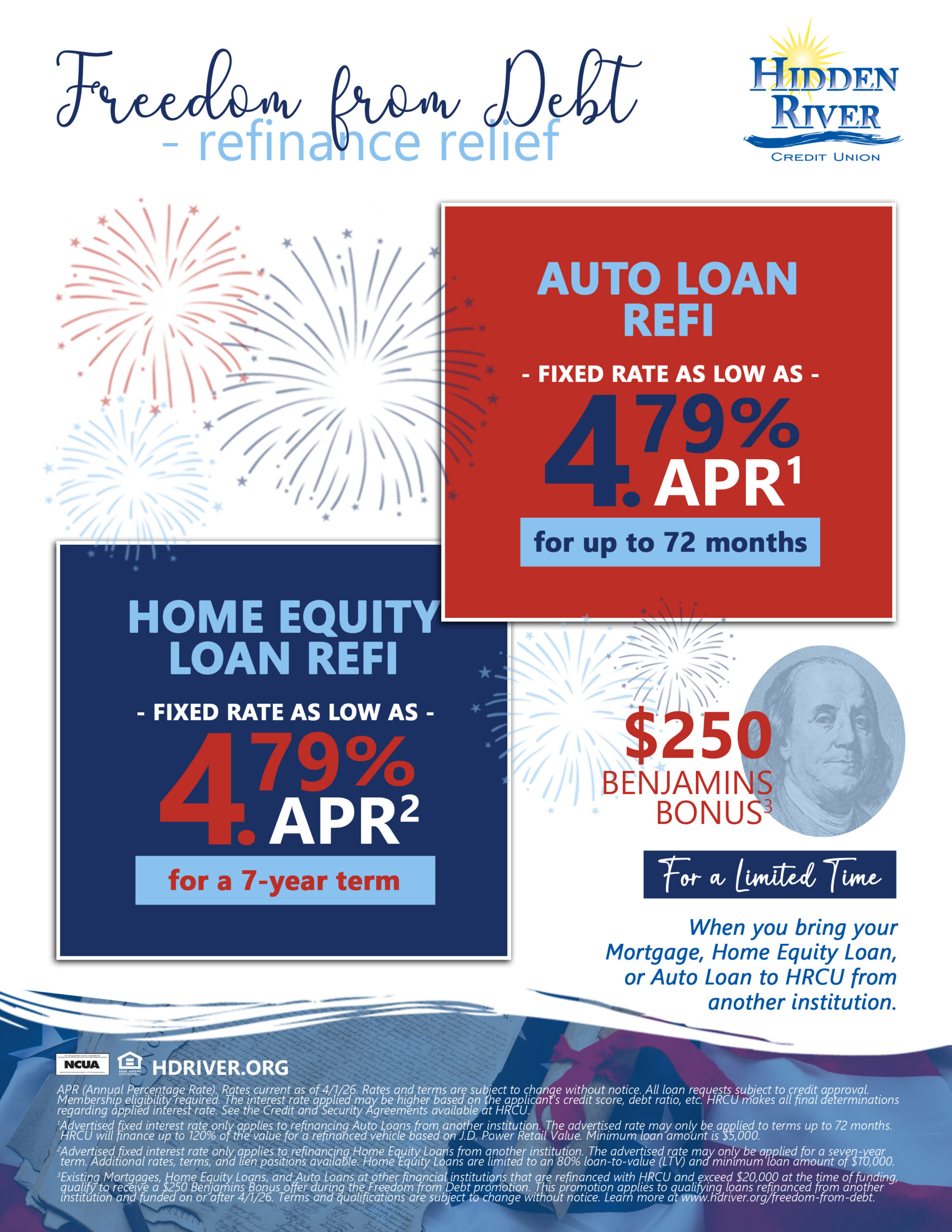 "Freedom from Debt" loan refinance promotion for home equity and auto loans.