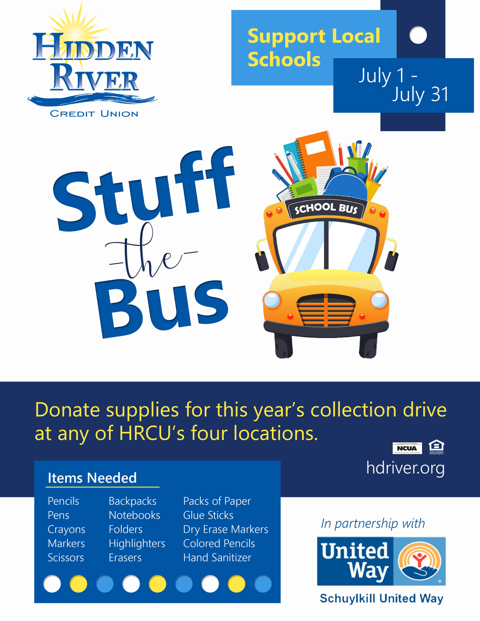 School bus with school supplies in it promoting our "Stuff the Bus" project, along with school supplies needed for donation.